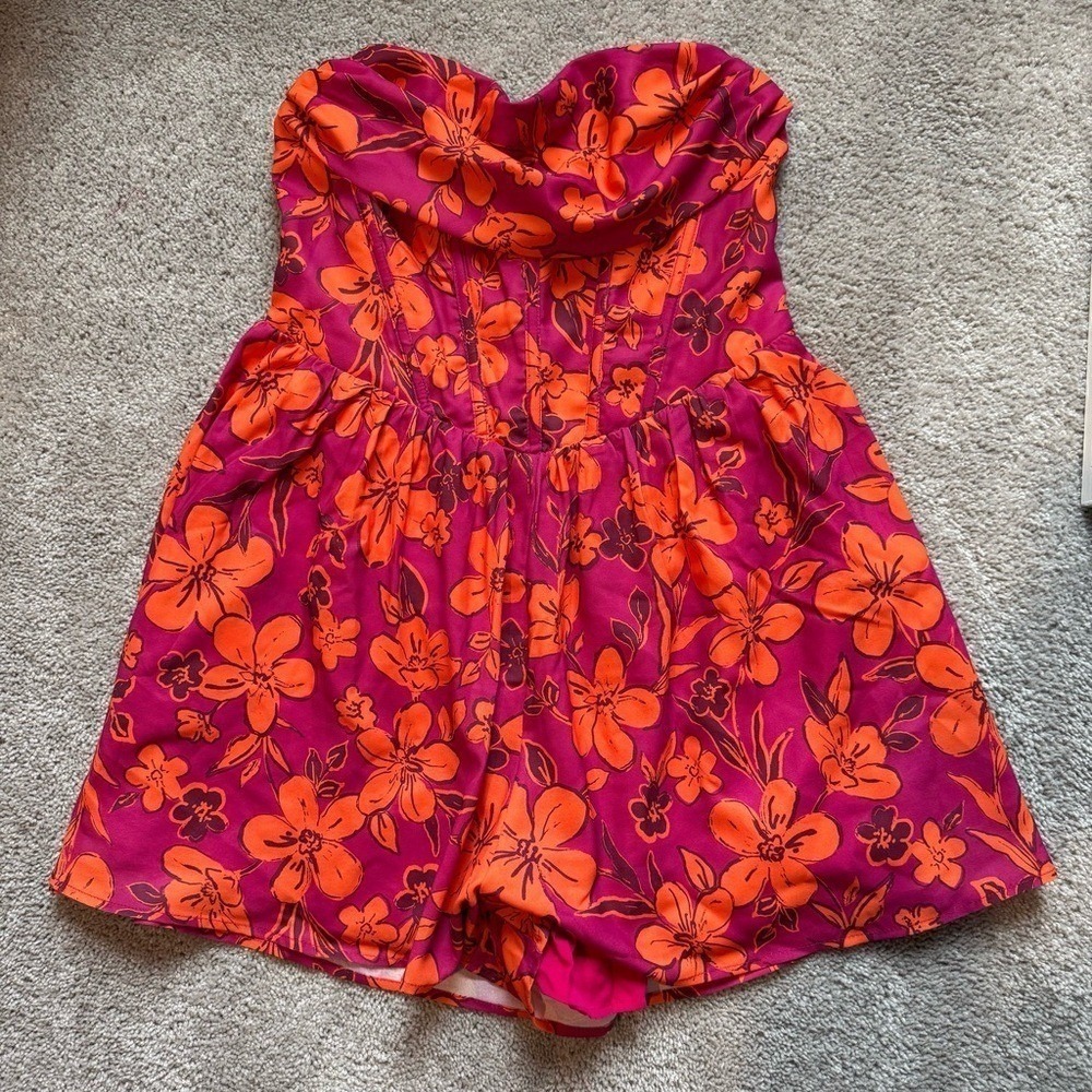Hello Molly Pink Orange Floral Strapless Corset Romper MA06234-1 Size 10